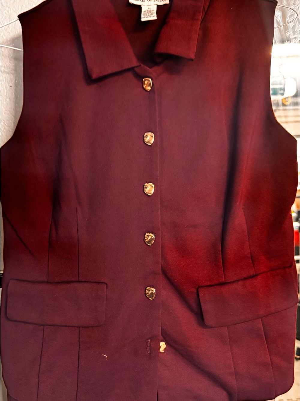 Sleeveless Burgundy Button Front Vest with Gold Buttons set